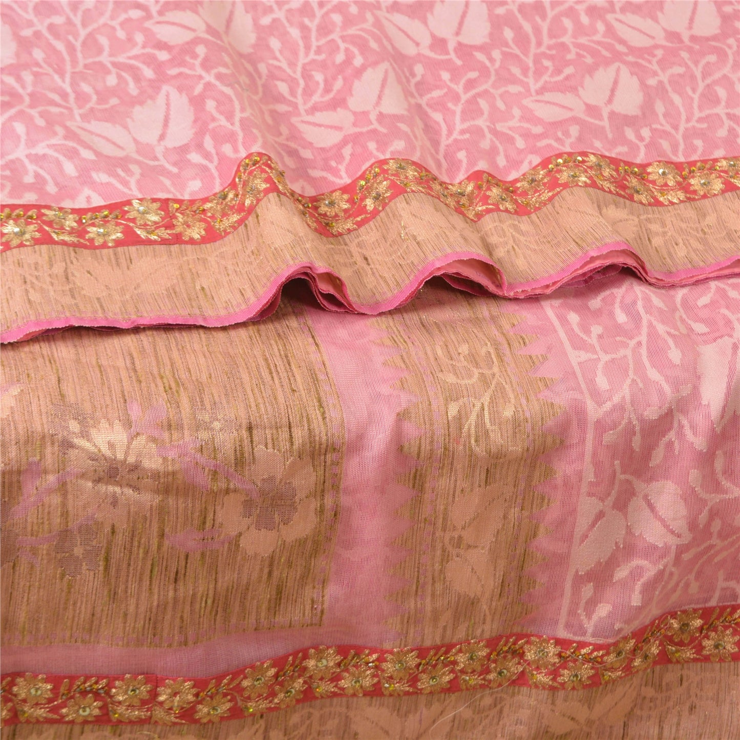 Sanskriti Vintage Pink Sarees 100% Pure Cotton Handloom Hand Beaded Sari Sustainable Fabric