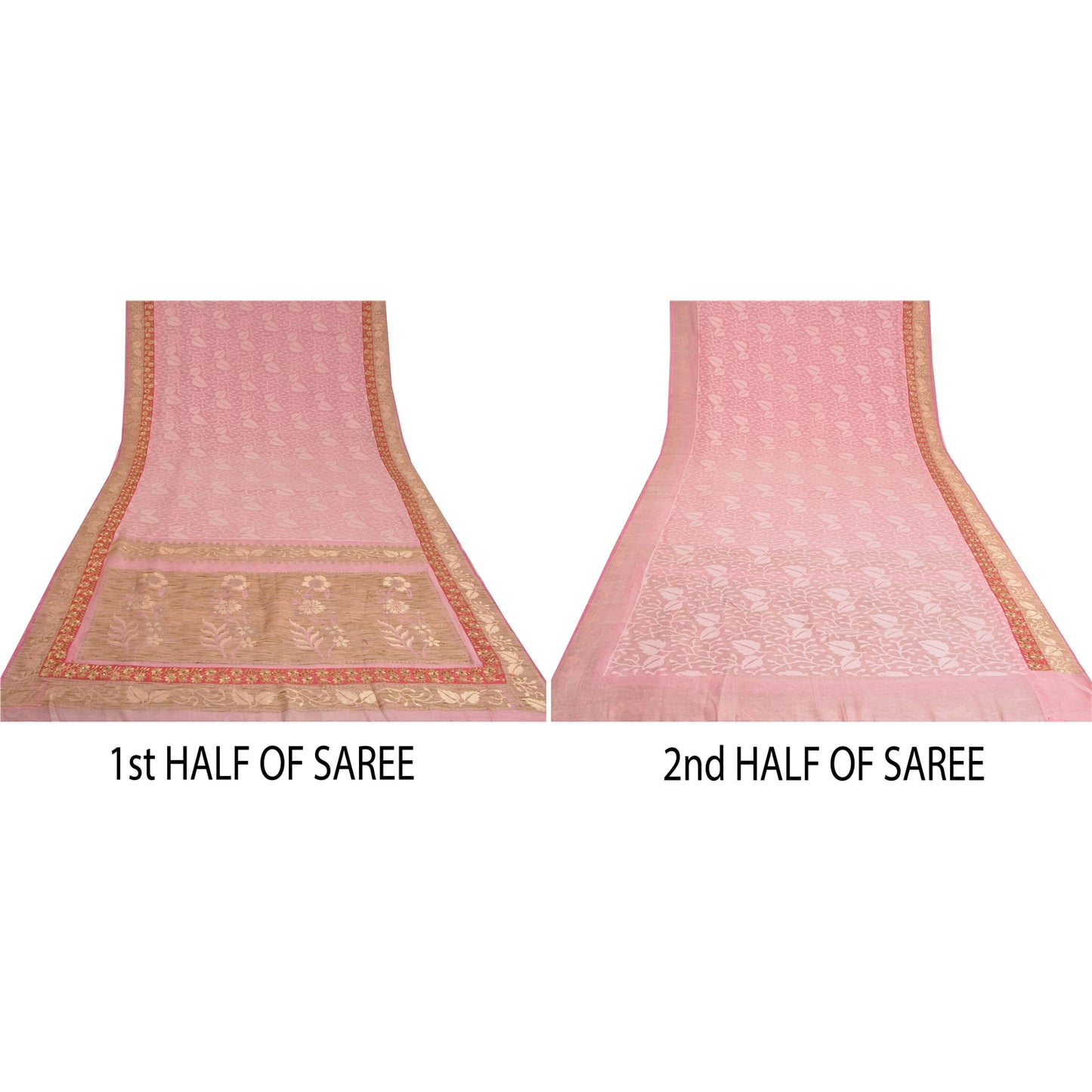 Sanskriti Vintage Pink Sarees 100% Pure Cotton Handloom Hand Beaded Sari Sustainable Fabric