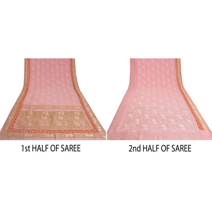 Sanskriti Vintage Pink Sarees 100% Pure Cotton Handloom Hand Beaded Sari Sustainable Fabric
