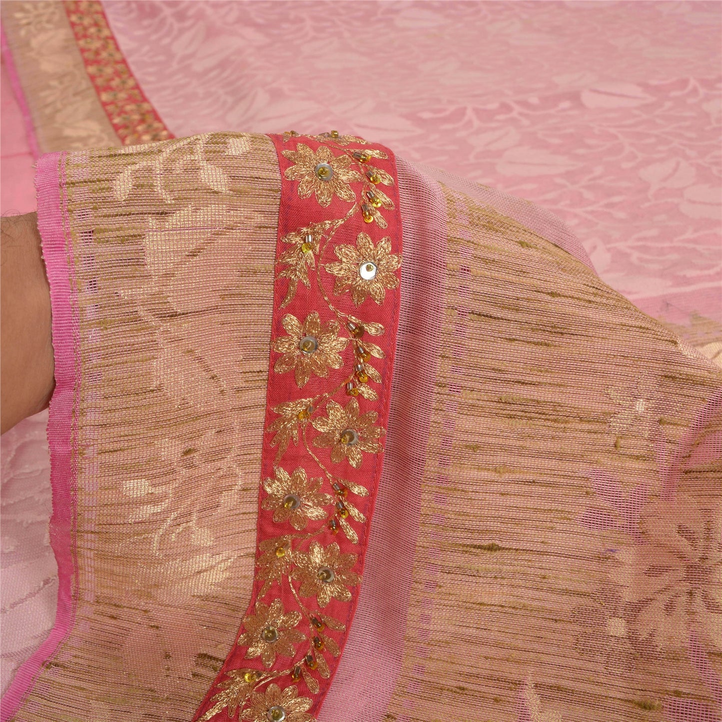 Sanskriti Vintage Pink Sarees 100% Pure Cotton Handloom Hand Beaded Sari Sustainable Fabric