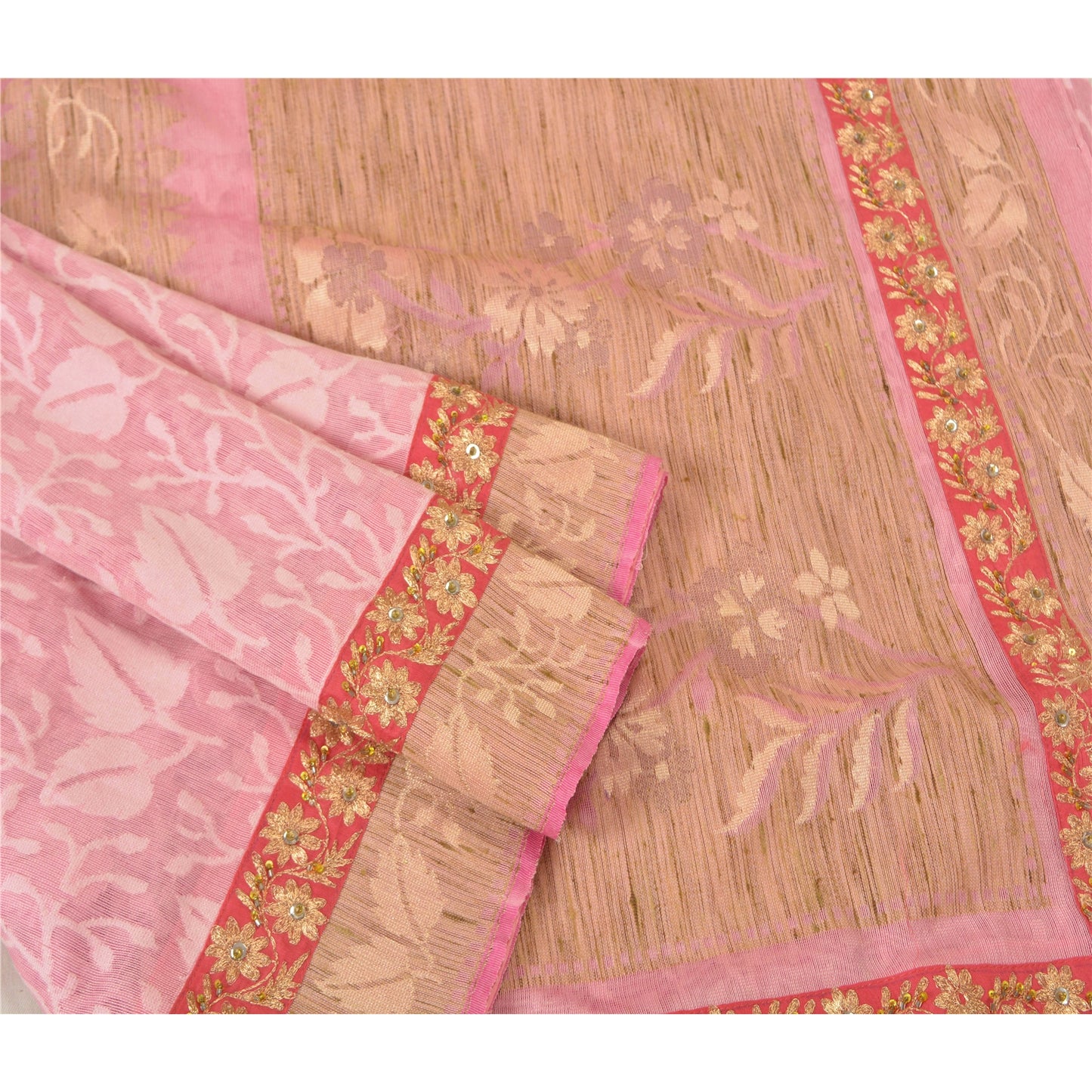 Sanskriti Vintage Pink Sarees 100% Pure Cotton Handloom Hand Beaded Sari Sustainable Fabric