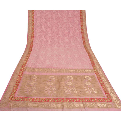 Sanskriti Vintage Pink Sarees 100% Pure Cotton Handloom Hand Beaded Sari Sustainable Fabric
