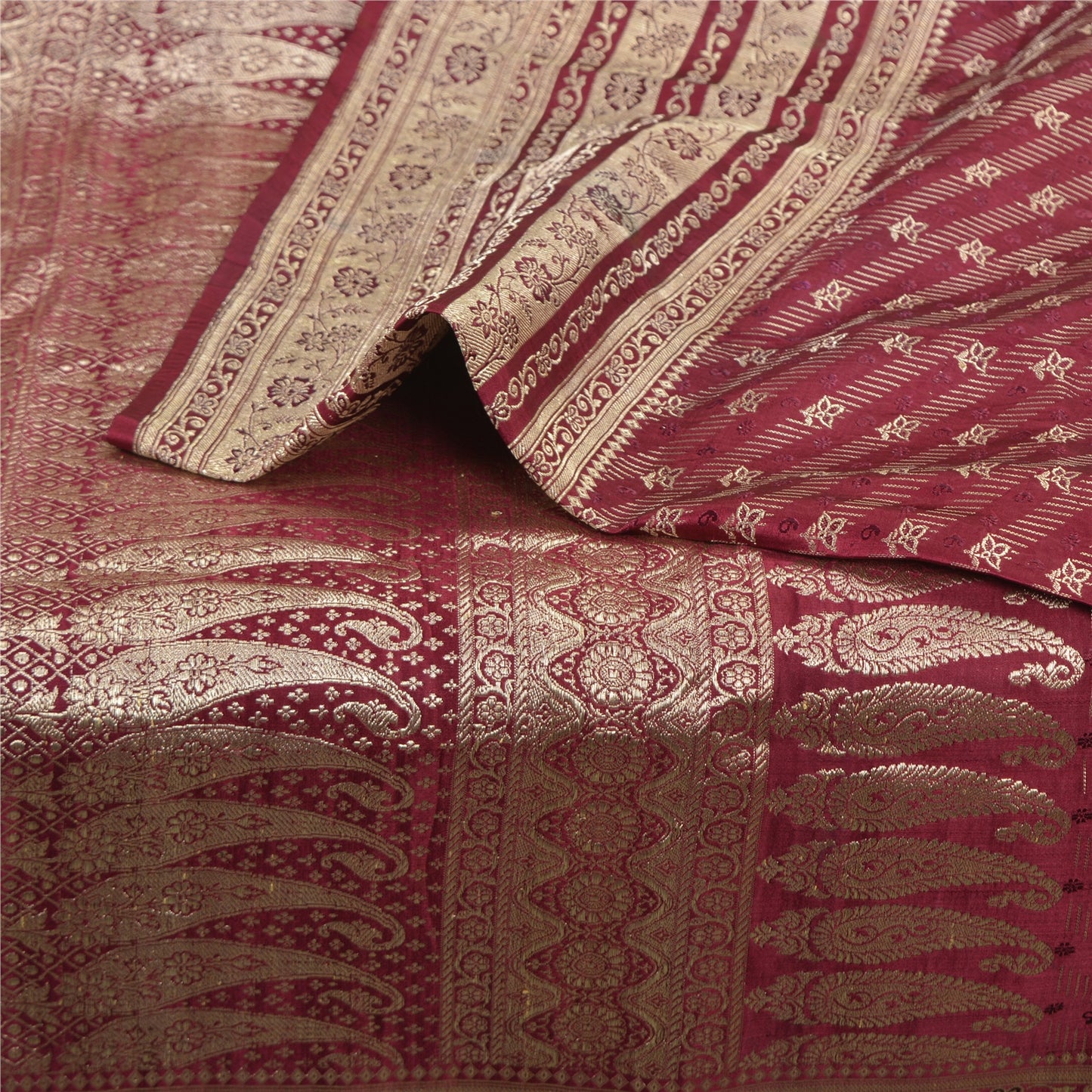 Sanskriti Vintage Purple Sarees Pure Satin Woven Brocade/Banarasi Sari Sustainable Fabric