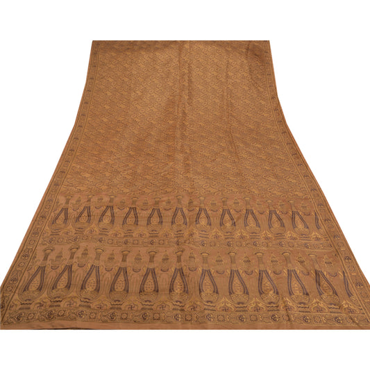 Sanskriti vintage Indian Sarees Woven 100% Pure Satin Silk Sustainable Fabric Brown Sari