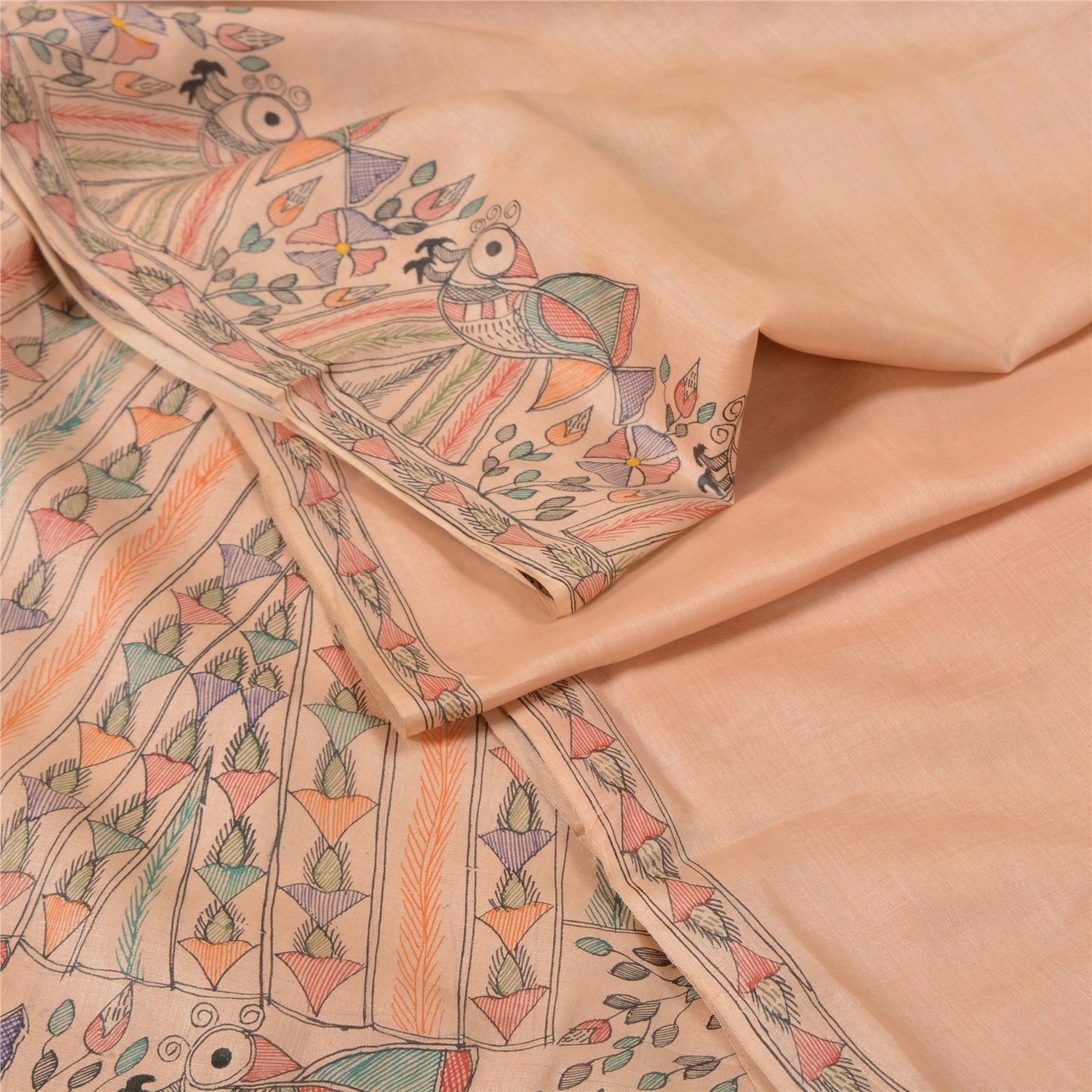 Sanskriti Vintage Peach Madhubani Print Sarees Pure Silk Special Sari Sustainable Fabric