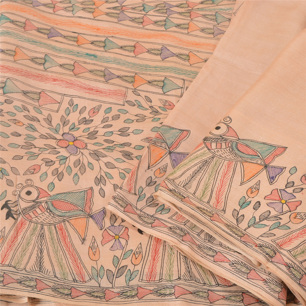 Sanskriti Vintage Peach Madhubani Print Sarees Pure Silk Special Sari Sustainable Fabric