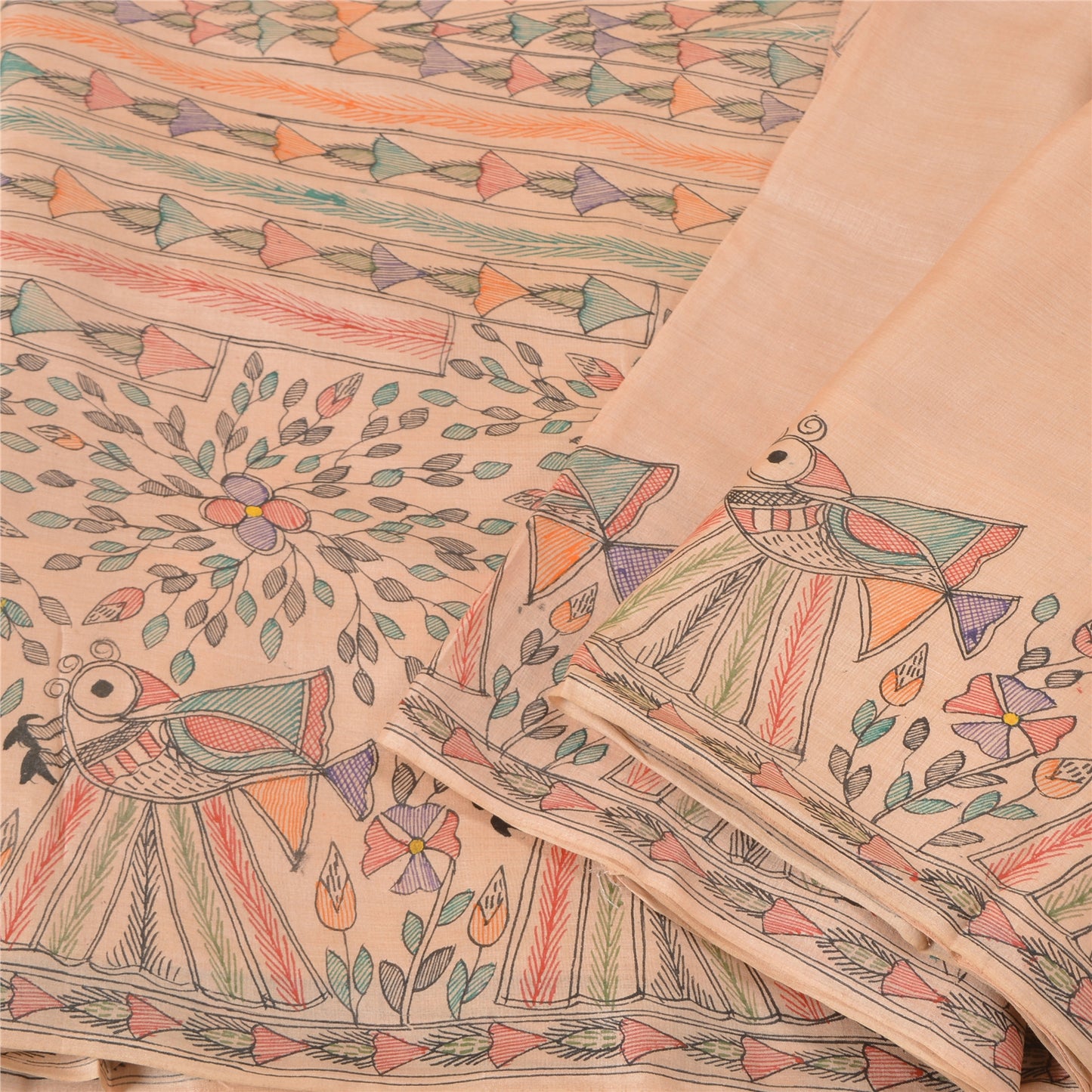 Sanskriti Vintage Peach Madhubani Print Sarees Pure Silk Special Sari Sustainable Fabric