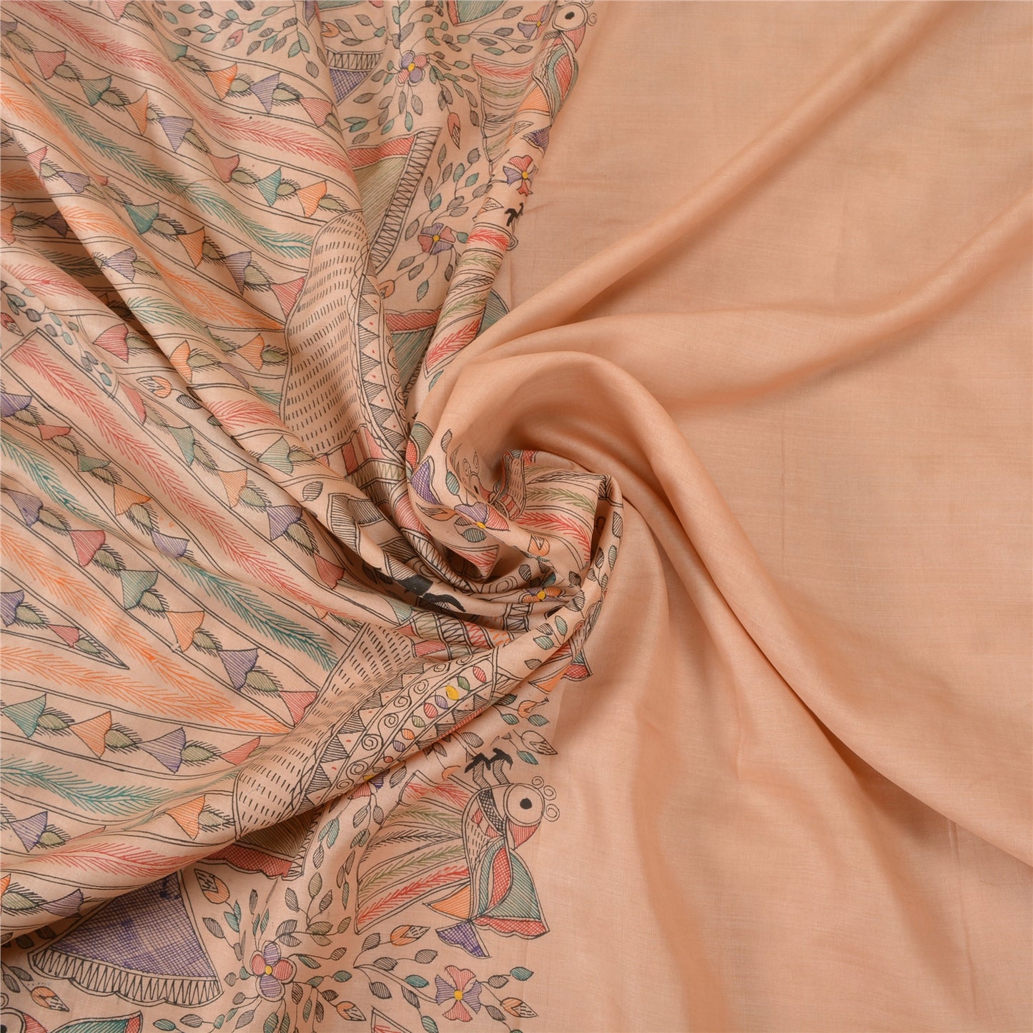 Sanskriti Vintage Peach Madhubani Print Sarees Pure Silk Special Sari Sustainable Fabric