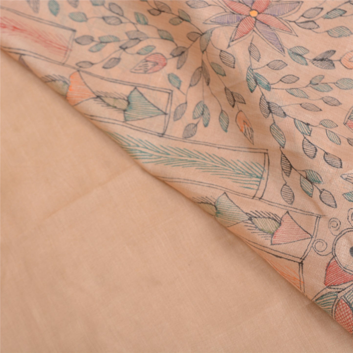 Sanskriti Vintage Peach Madhubani Print Sarees Pure Silk Special Sari Sustainable Fabric