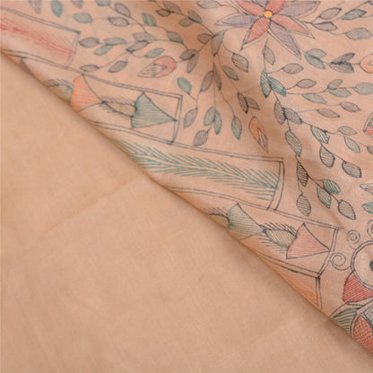 Sanskriti Vintage Peach Madhubani Print Sarees Pure Silk Special Sari Sustainable Fabric