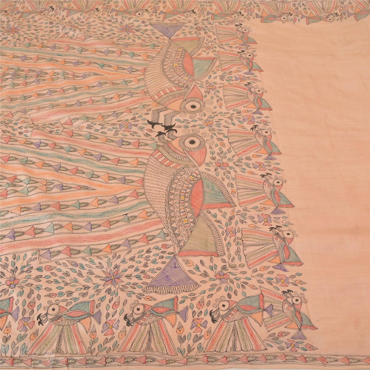 Sanskriti Vintage Peach Madhubani Print Sarees Pure Silk Special Sari Sustainable Fabric
