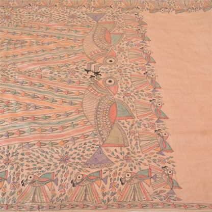 Sanskriti Vintage Peach Madhubani Print Sarees Pure Silk Special Sari Sustainable Fabric