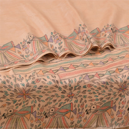 Sanskriti Vintage Peach Madhubani Print Sarees Pure Silk Special Sari Sustainable Fabric