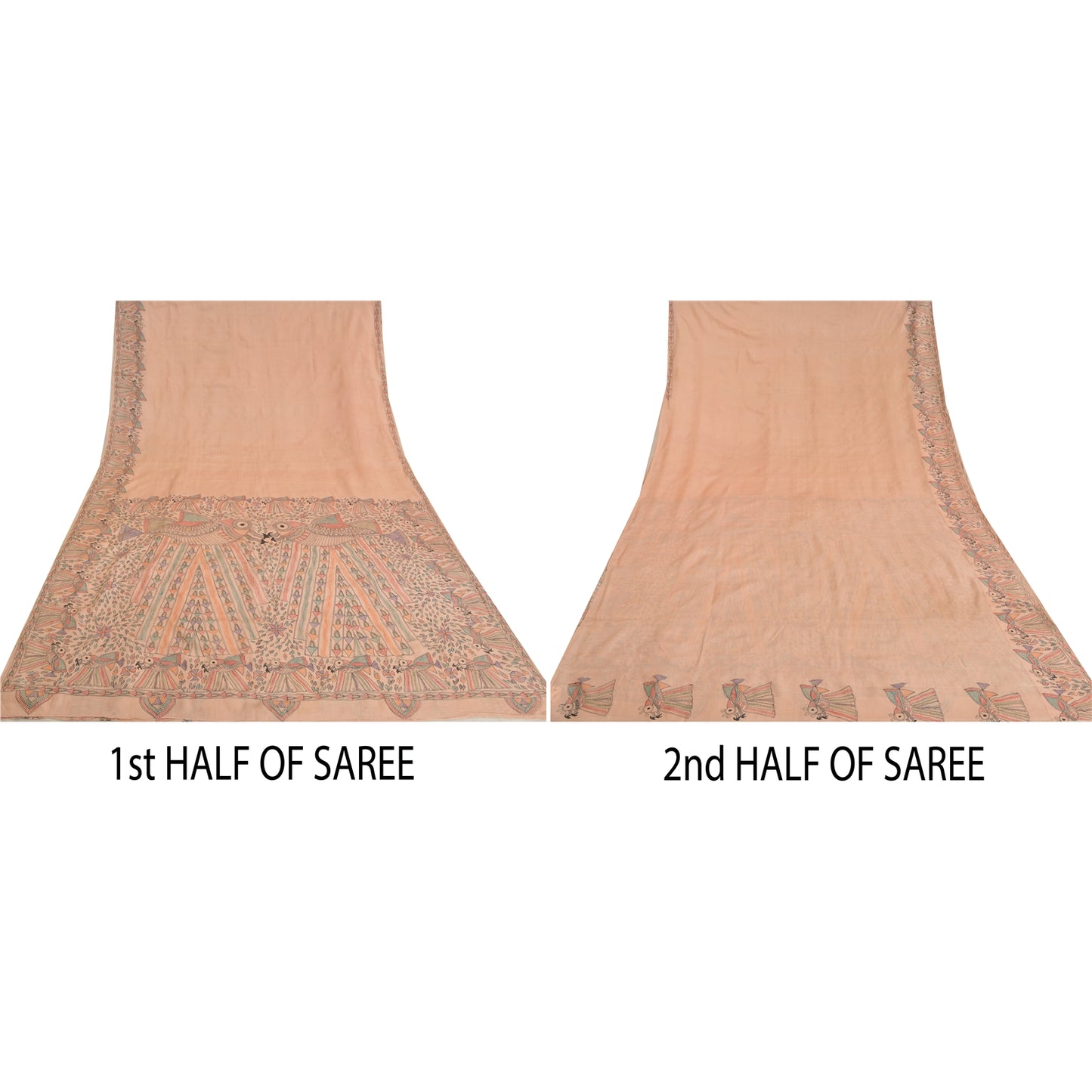 Sanskriti Vintage Peach Madhubani Print Sarees Pure Silk Special Sari Sustainable Fabric