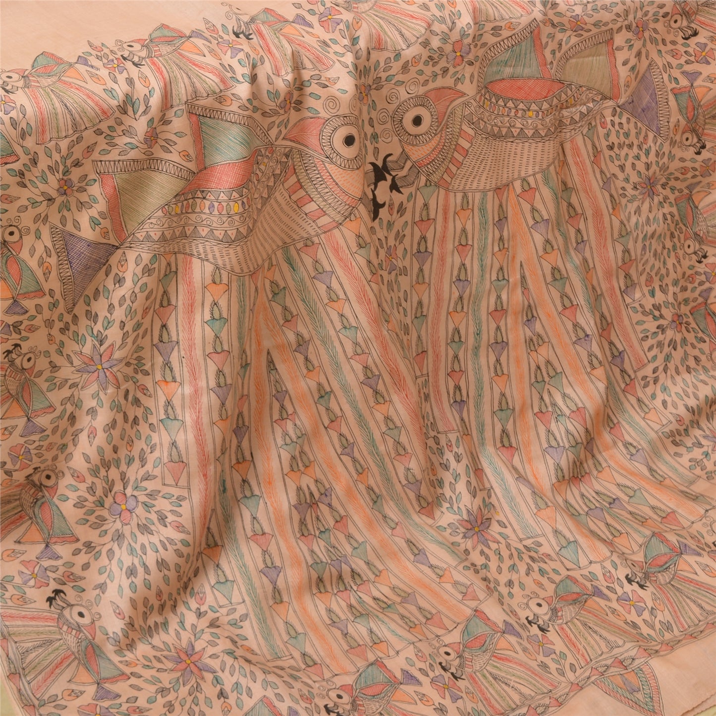 Sanskriti Vintage Peach Madhubani Print Sarees Pure Silk Special Sari Sustainable Fabric