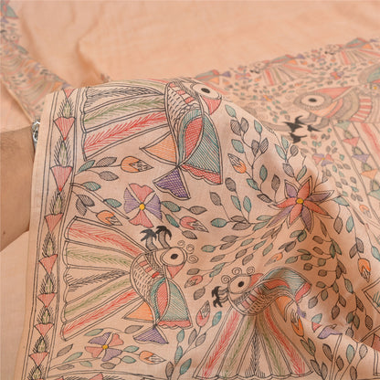 Sanskriti Vintage Peach Madhubani Print Sarees Pure Silk Special Sari Sustainable Fabric