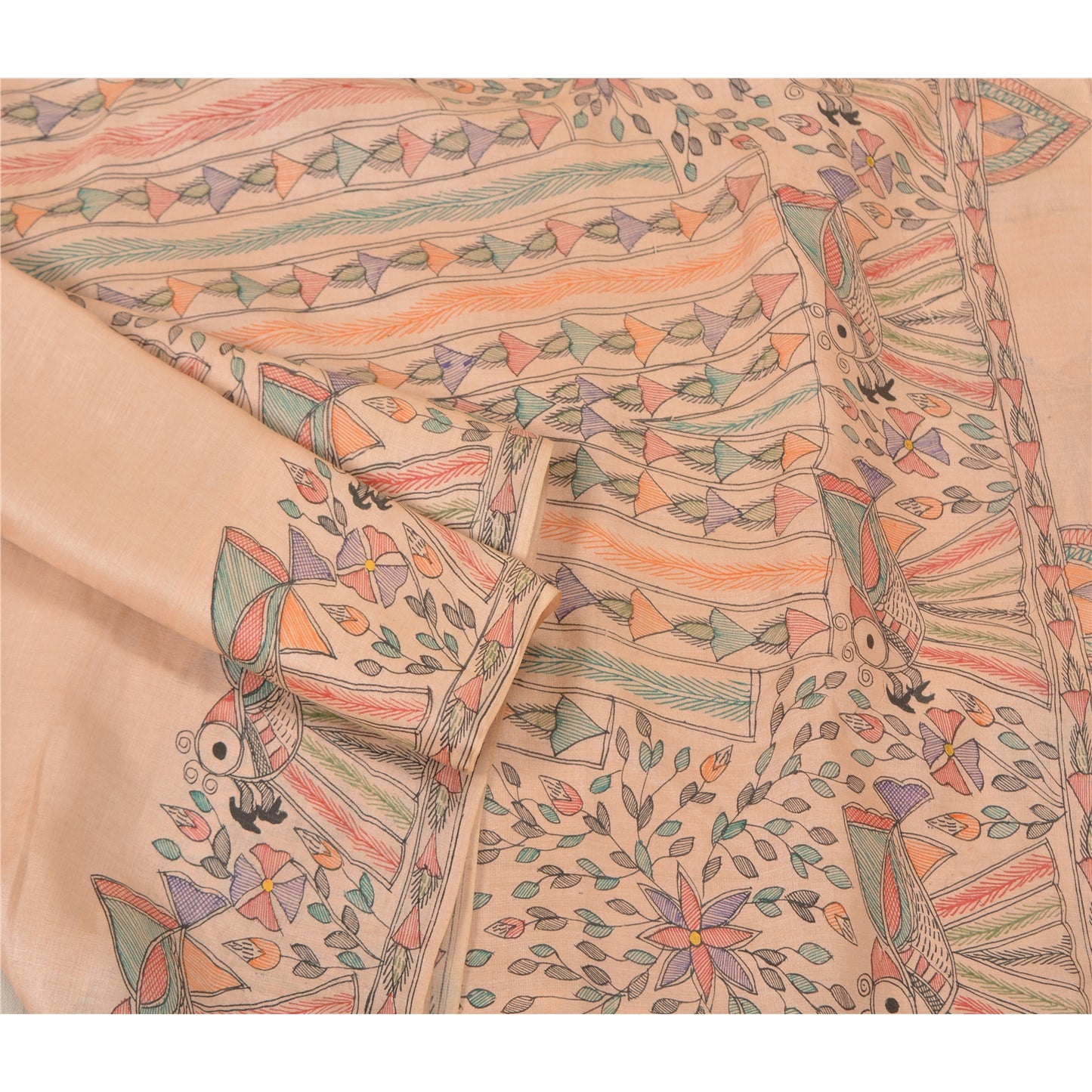 Sanskriti Vintage Peach Madhubani Print Sarees Pure Silk Special Sari Sustainable Fabric