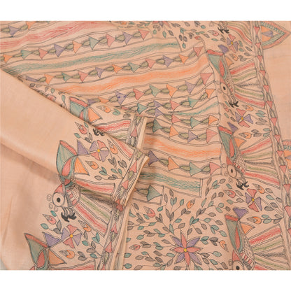 Sanskriti Vintage Peach Madhubani Print Sarees Pure Silk Special Sari Sustainable Fabric