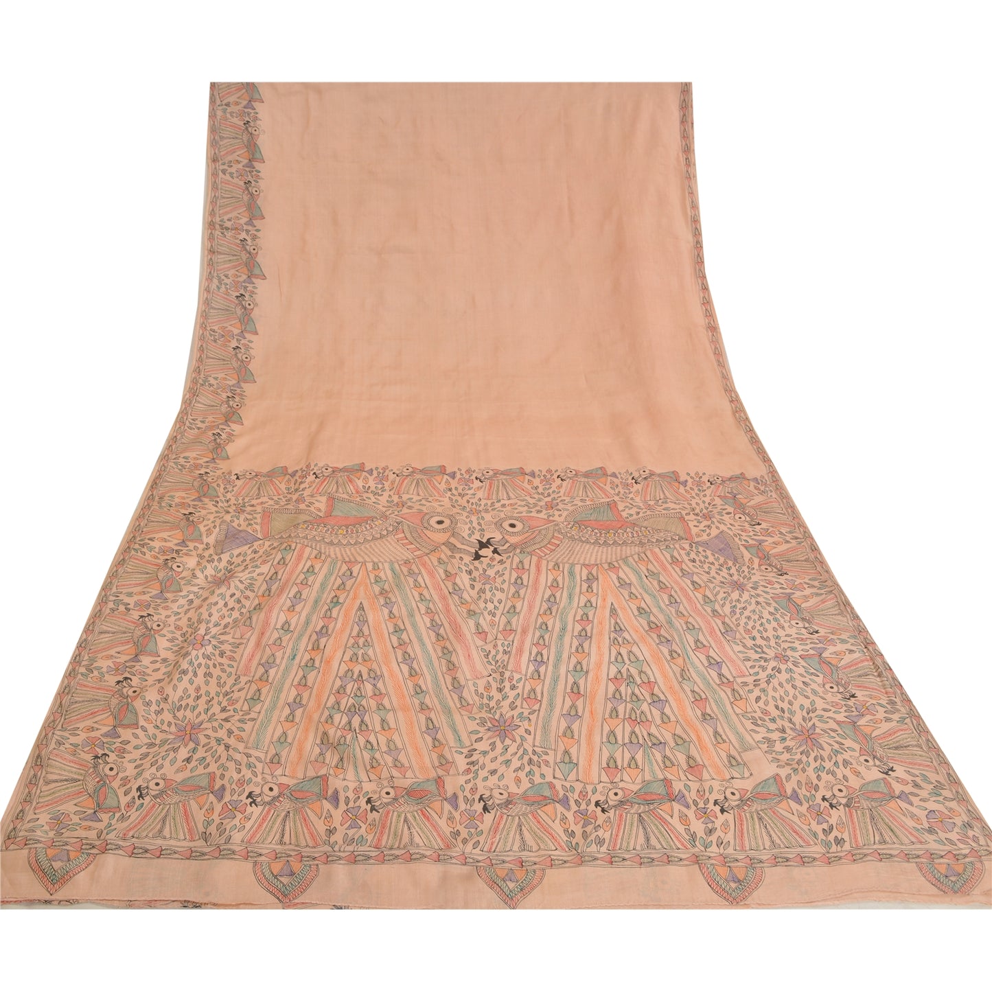 Sanskriti Vintage Peach Madhubani Print Sarees Pure Silk Special Sari Sustainable Fabric