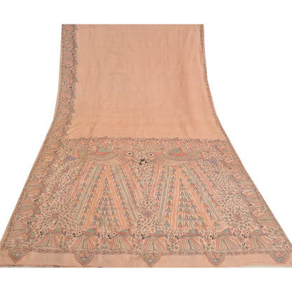 Sanskriti Vintage Peach Madhubani Print Sarees Pure Silk Special Sari Sustainable Fabric