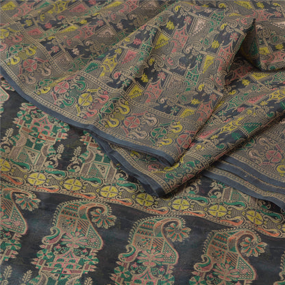Sanskriti Vintage Saree Black 100% Pure Silk Indian Sari Woven 5.5+Yd sari Fabric Create Dresses, Kaftan, Skirt, Projects, Decor, Sewing