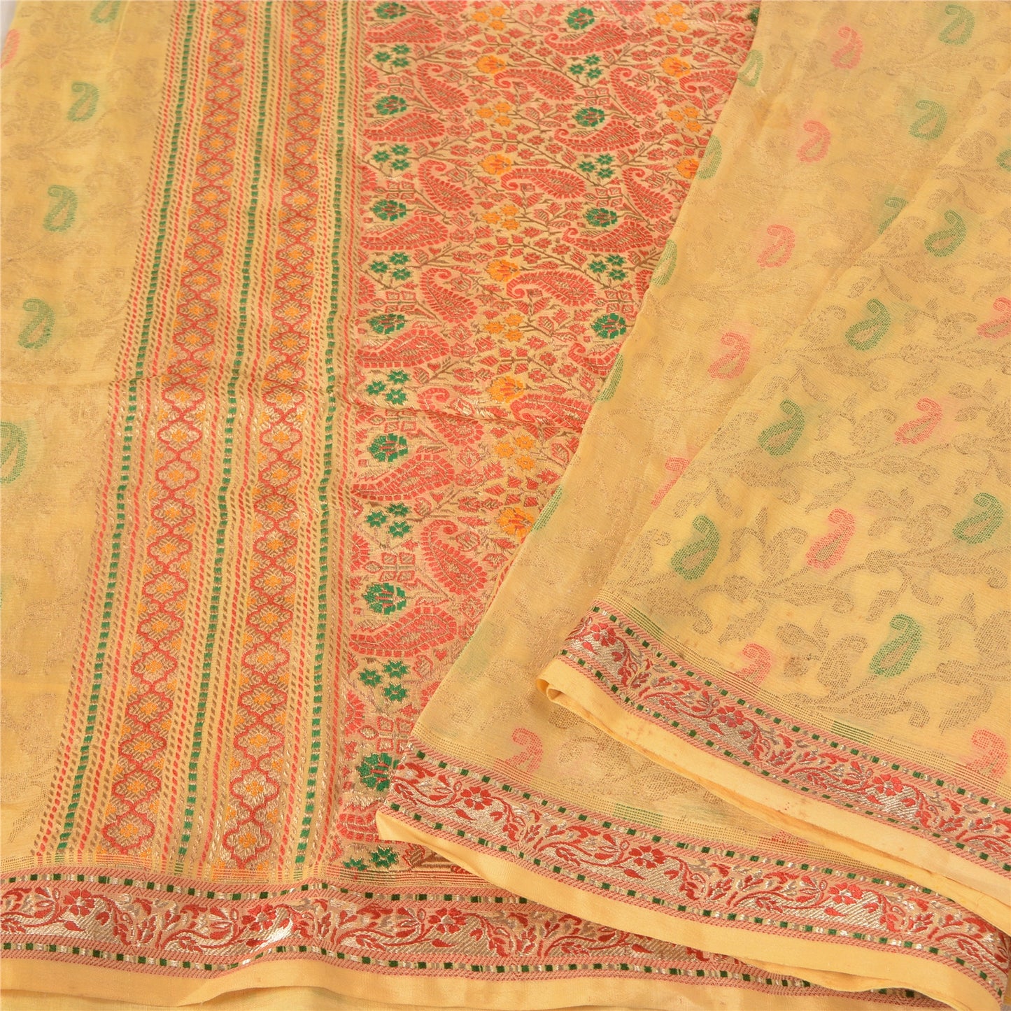 Sanskriti Vintage Indian Cream Sarees Pure Silk Woven Brocade Zari Sustainable Fabric Sari