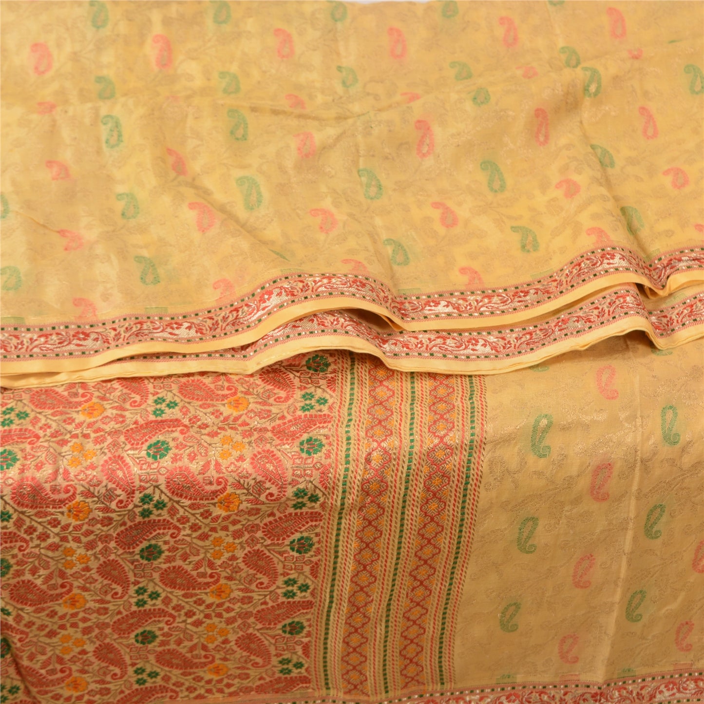 Sanskriti Vintage Indian Cream Sarees Pure Silk Woven Brocade Zari Sustainable Fabric Sari
