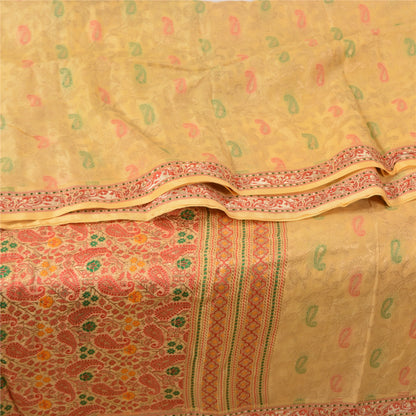 Sanskriti Vintage Indian Cream Sarees Pure Silk Woven Brocade Zari Sustainable Fabric Sari