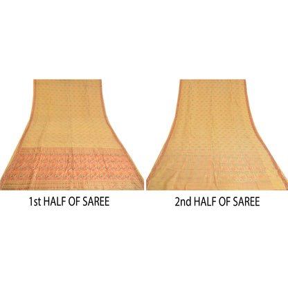 Sanskriti Vintage Indian Cream Sarees Pure Silk Woven Brocade Zari Sustainable Fabric Sari