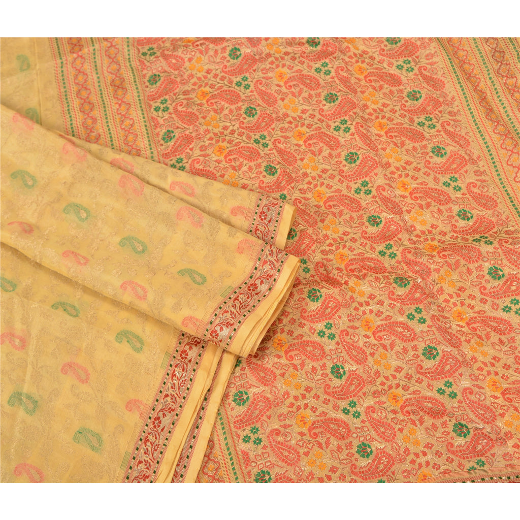 Sanskriti Vintage Indian Cream Sarees Pure Silk Woven Brocade Zari Sustainable Fabric Sari