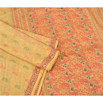 Sanskriti Vintage Indian Cream Sarees Pure Silk Woven Brocade Zari Sustainable Fabric Sari