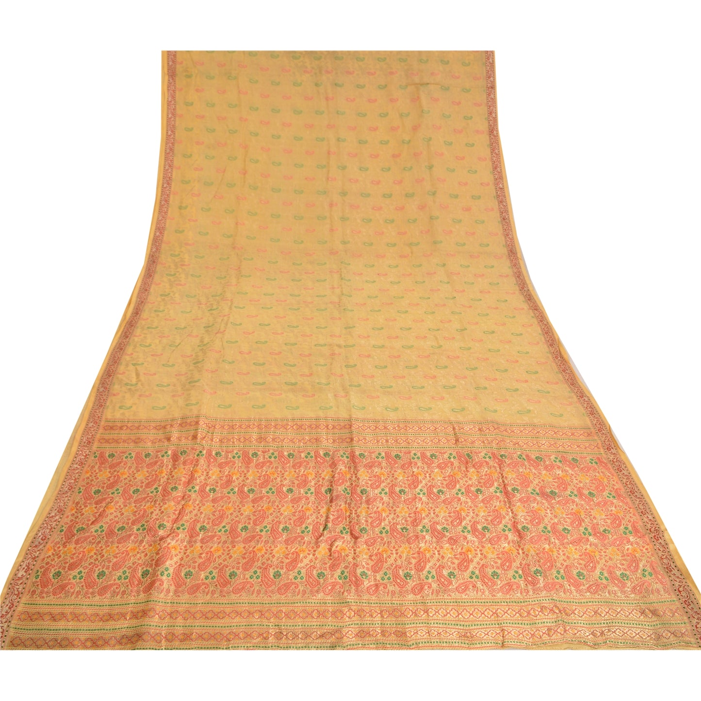 Sanskriti Vintage Indian Cream Sarees Pure Silk Woven Brocade Zari Sustainable Fabric Sari