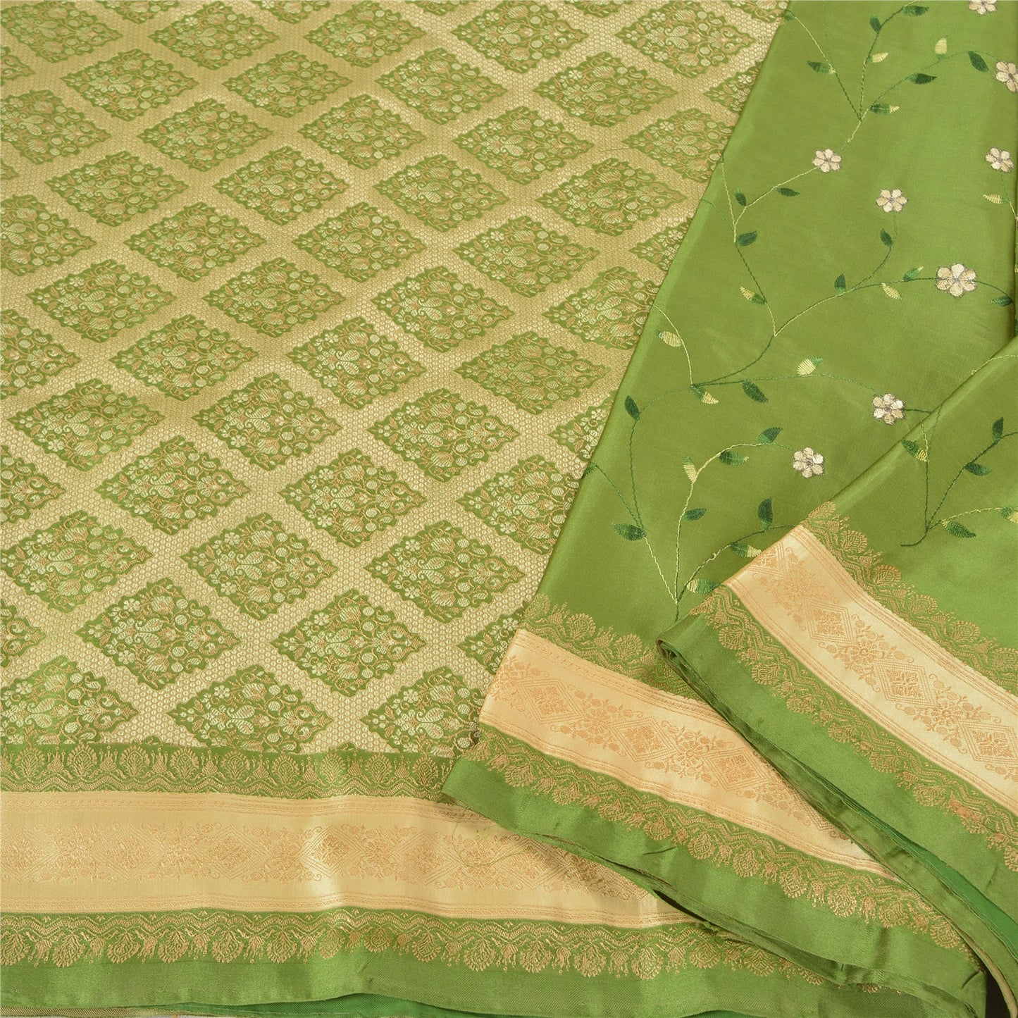 Sanskriti vintage Green Party Sarees Satin Embroidered Woven Sustainable Fabric 5 Yard Sari