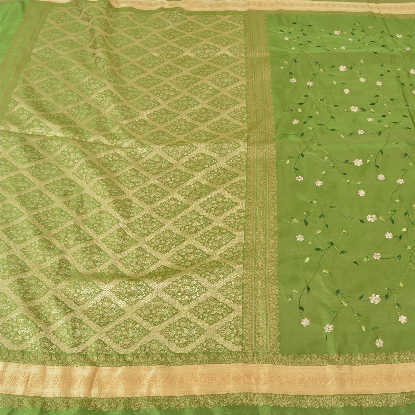 Sanskriti vintage Green Party Sarees Satin Embroidered Woven Sustainable Fabric 5 Yard Sari