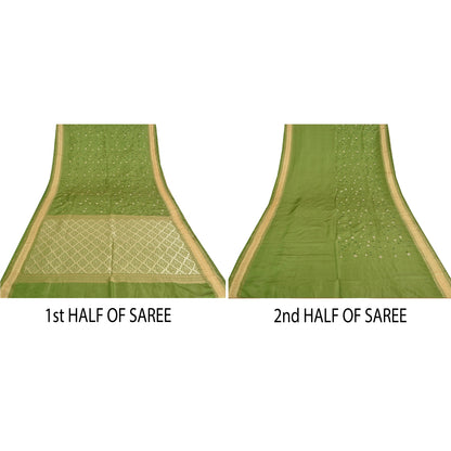 Sanskriti vintage Green Party Sarees Satin Embroidered Woven Sustainable Fabric 5 Yard Sari