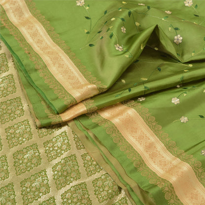 Sanskriti vintage Green Party Sarees Satin Embroidered Woven Sustainable Fabric 5 Yard Sari