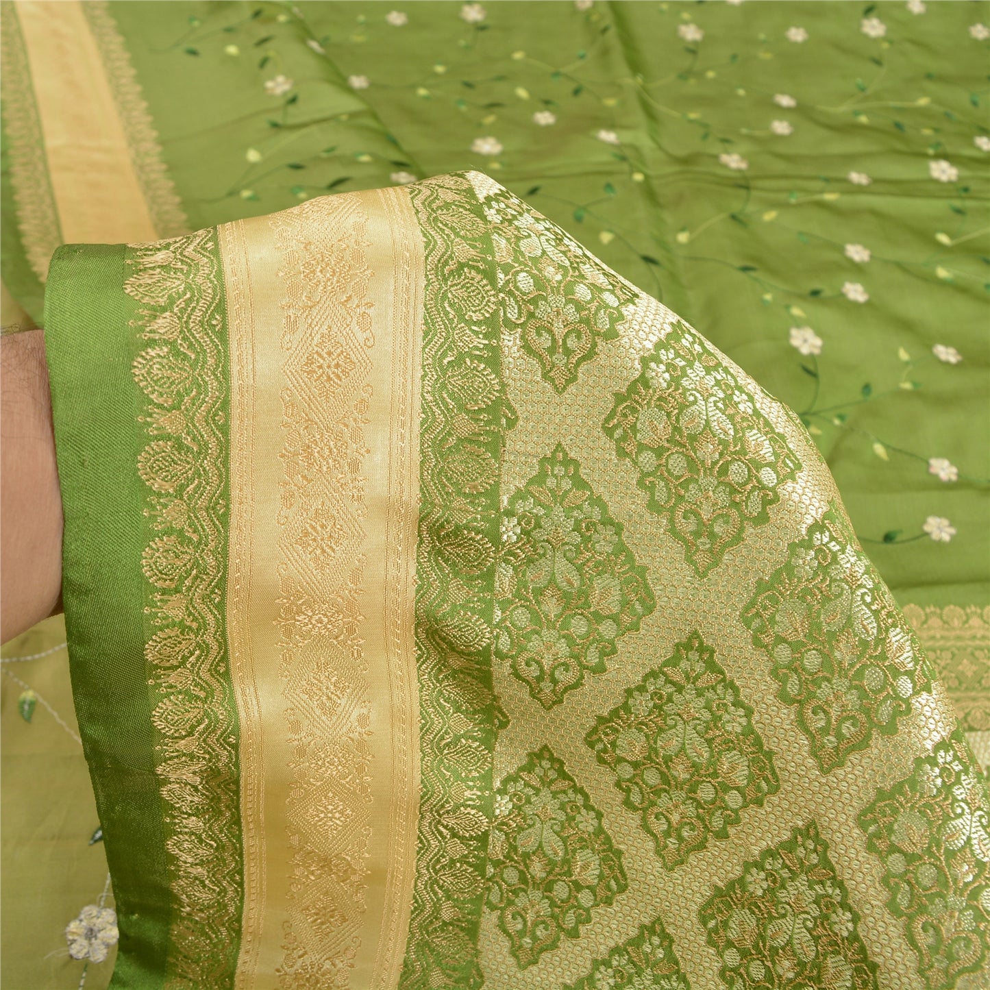 Sanskriti vintage Green Party Sarees Satin Embroidered Woven Sustainable Fabric 5 Yard Sari
