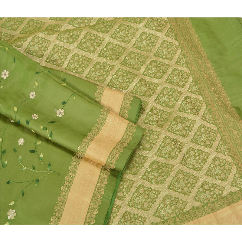 Sanskriti Vintage Saree Green Satin Embroidered & Woven 5.5+Yd Sari Eco-Friendly Create Dresses, Kaftan, Skirt, Tops, Projects, Home Deco