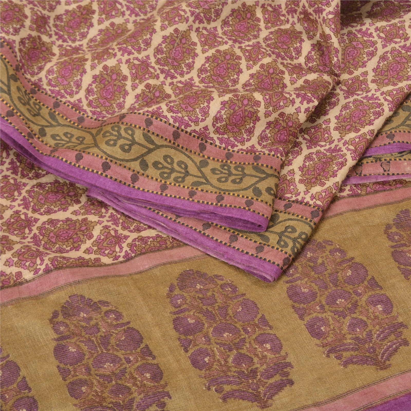 Sanskriti Vintage Saree 100% Pure Woollen Pink & Ivory Sarees Printed Wedding 5 Yd Craft Bohemian Fabric For Dressmaking Supplies”