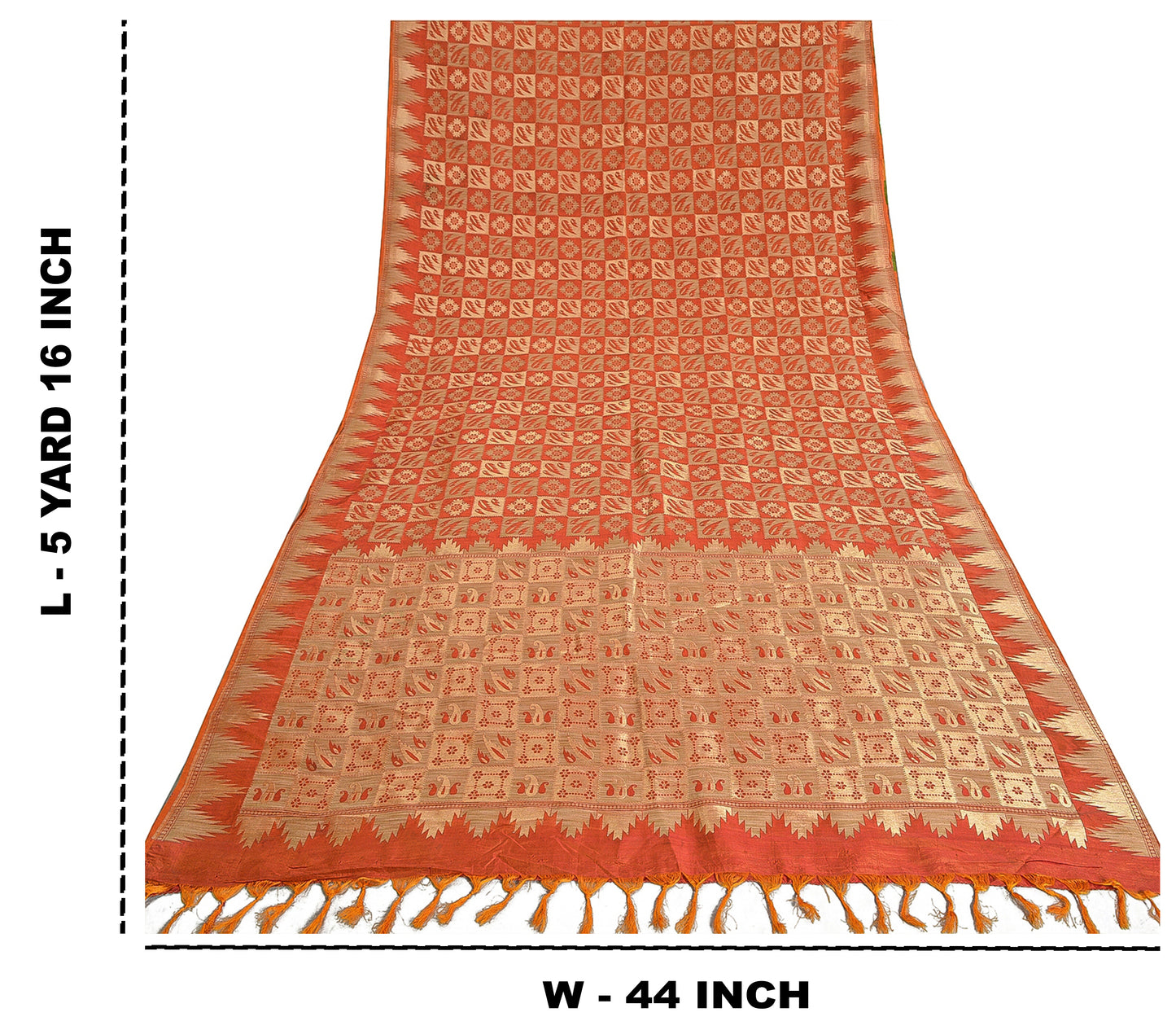 Sanskriti Vintage Orange Heavy Sarees Pure Silk Zari Woven Brocade 5+Yd Fabric