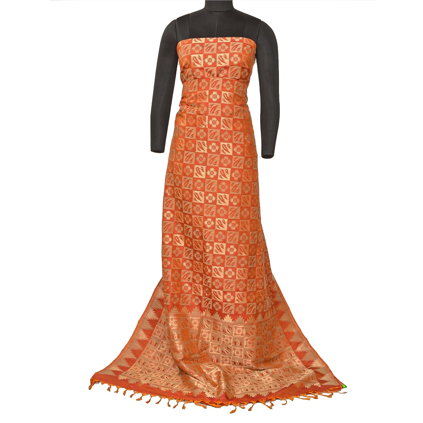 Sanskriti Vintage Orange Heavy Sarees Pure Silk Zari Woven Brocade 5+Yd Fabric