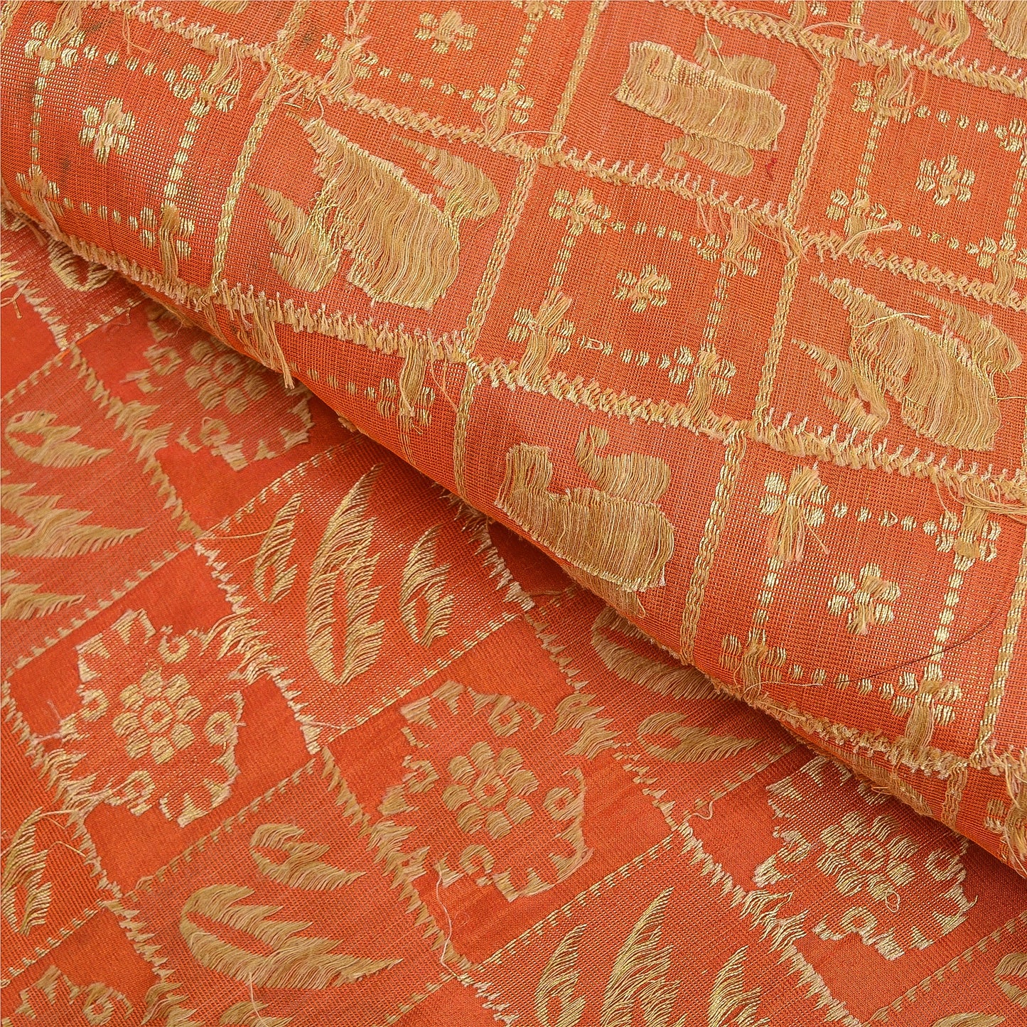 Sanskriti Vintage Orange Heavy Sarees Pure Silk Zari Woven Brocade 5+Yd Fabric