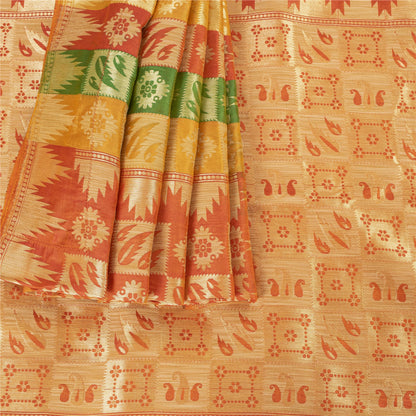 Sanskriti Vintage Orange Heavy Sarees Pure Silk Zari Woven Brocade 5+Yd Fabric