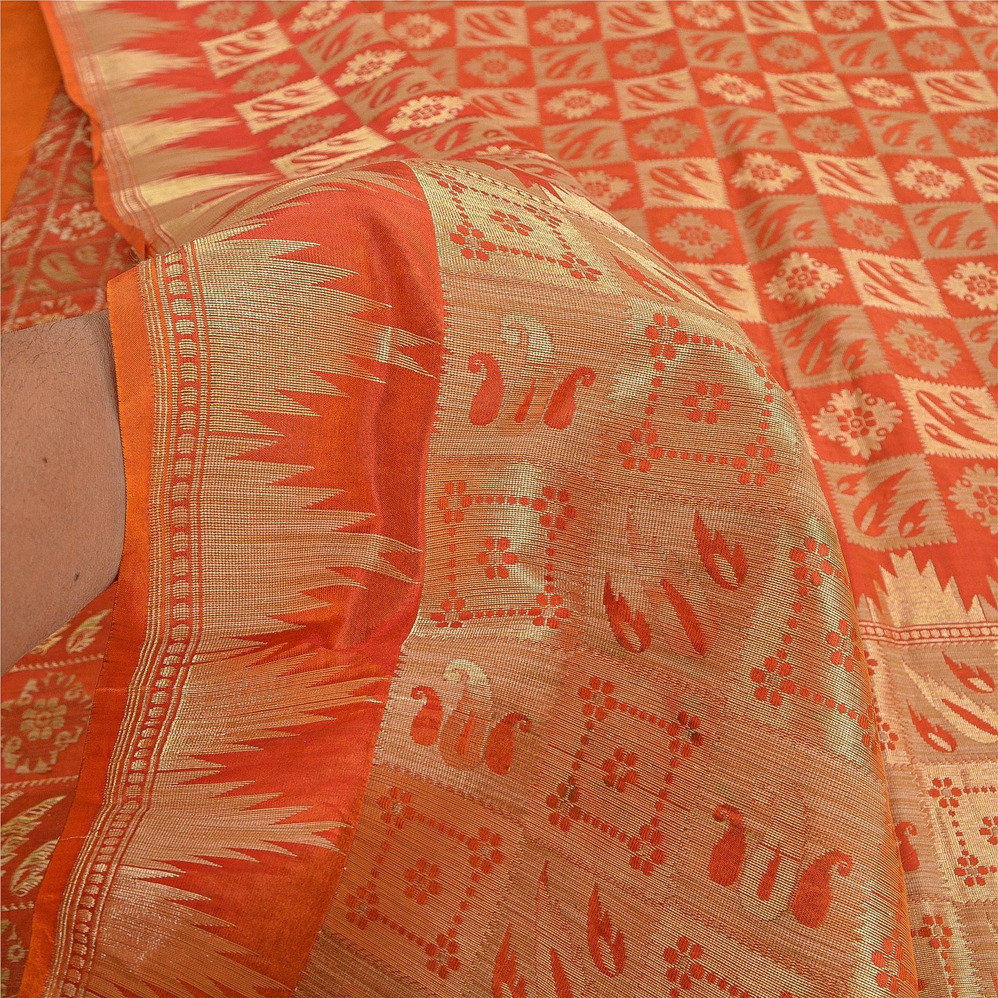 Sanskriti Vintage Orange Heavy Sarees Pure Silk Zari Woven Brocade 5+Yd Fabric