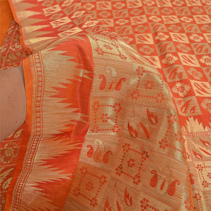 Sanskriti Vintage Orange Heavy Sarees Pure Silk Zari Woven Brocade 5+Yd Fabric