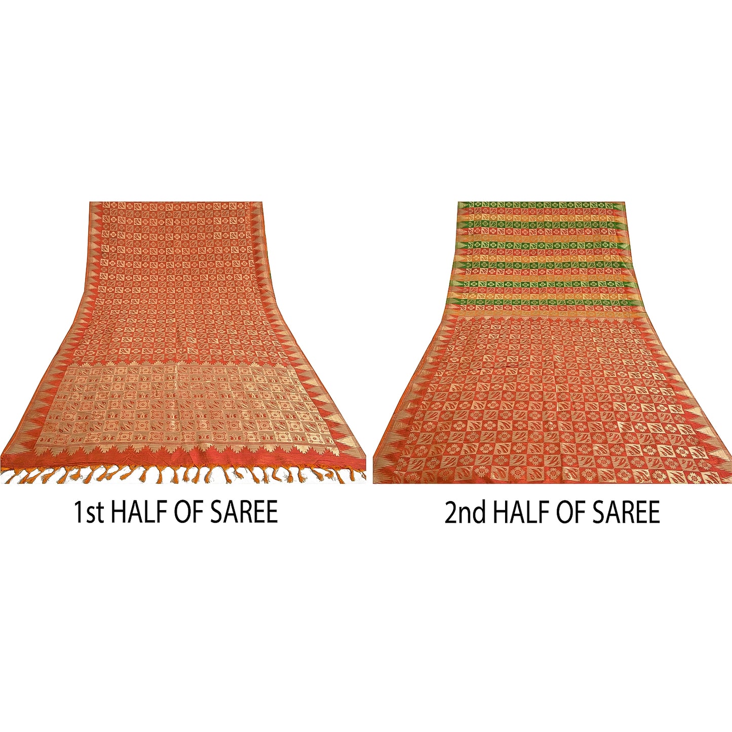 Sanskriti Vintage Orange Heavy Sarees Pure Silk Zari Woven Brocade 5+Yd Fabric