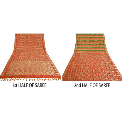 Sanskriti Vintage Orange Heavy Sarees Pure Silk Zari Woven Brocade Sari Fabric