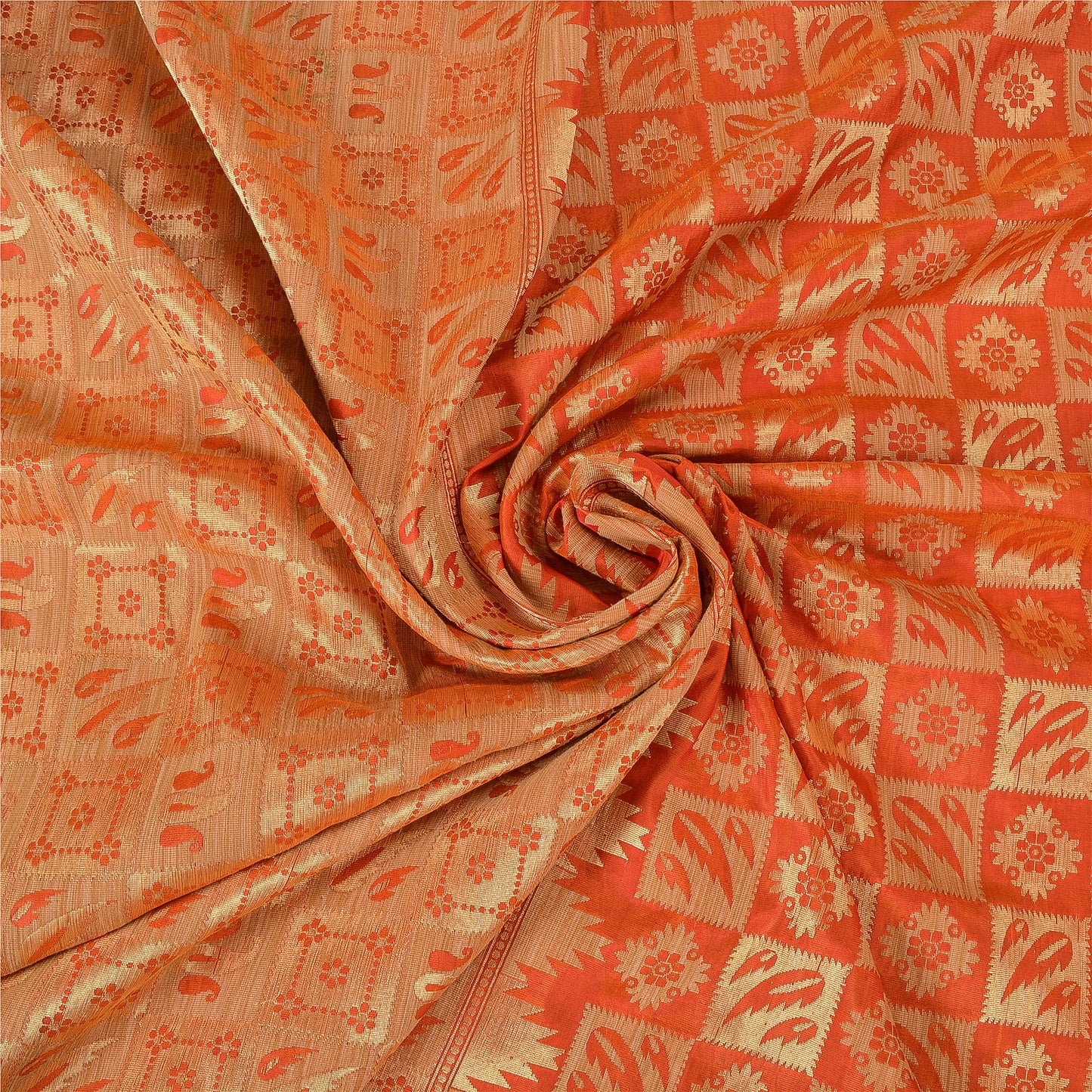 Sanskriti Vintage Orange Heavy Sarees Pure Silk Zari Woven Brocade 5+Yd Fabric