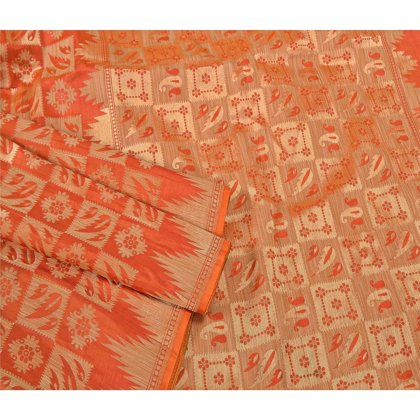 Sanskriti Vintage Orange Heavy Sarees Pure Silk Zari Woven Brocade 5+Yd Fabric