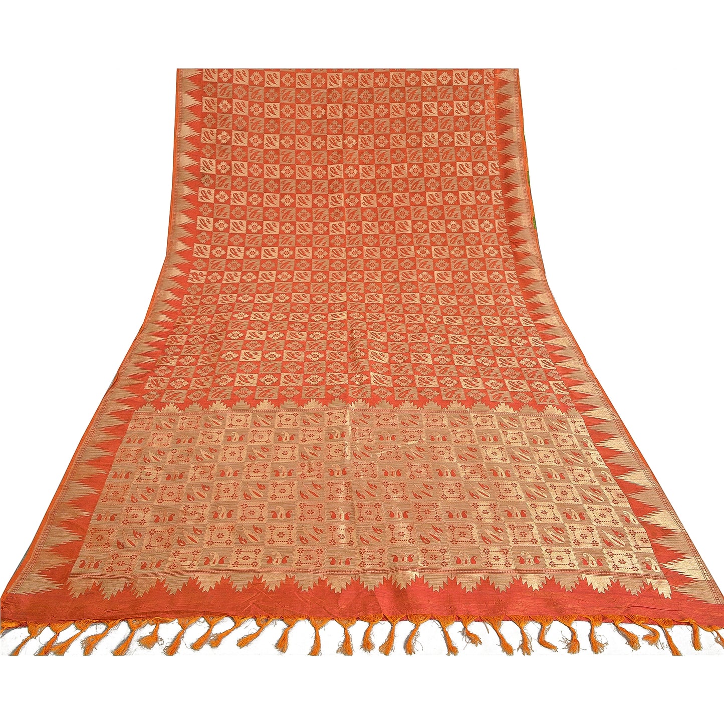 Sanskriti Vintage Orange Heavy Sarees Pure Silk Zari Woven Brocade 5+Yd Fabric